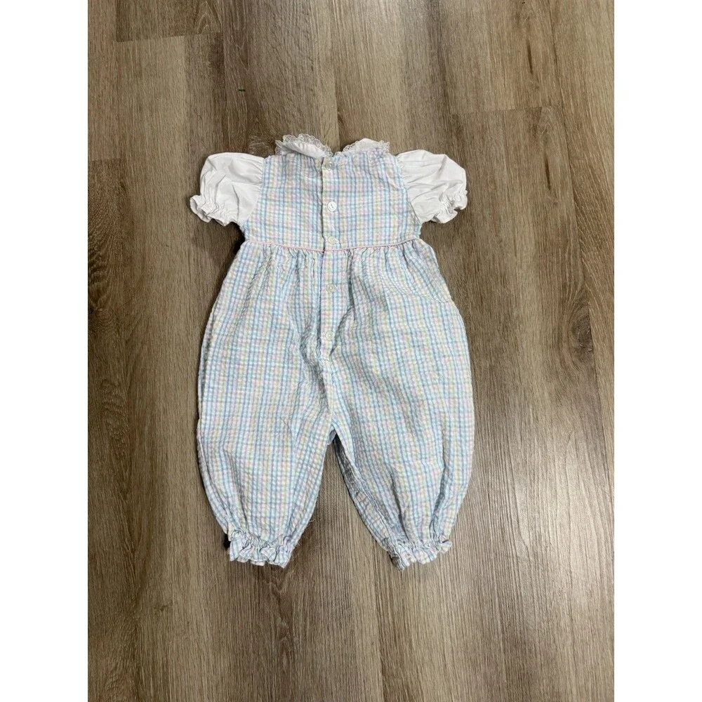 Vintage B.T Kids One Piece Jumpsuit Pastel Plaid Bird/Birdhouse Girls 6-9 Months
